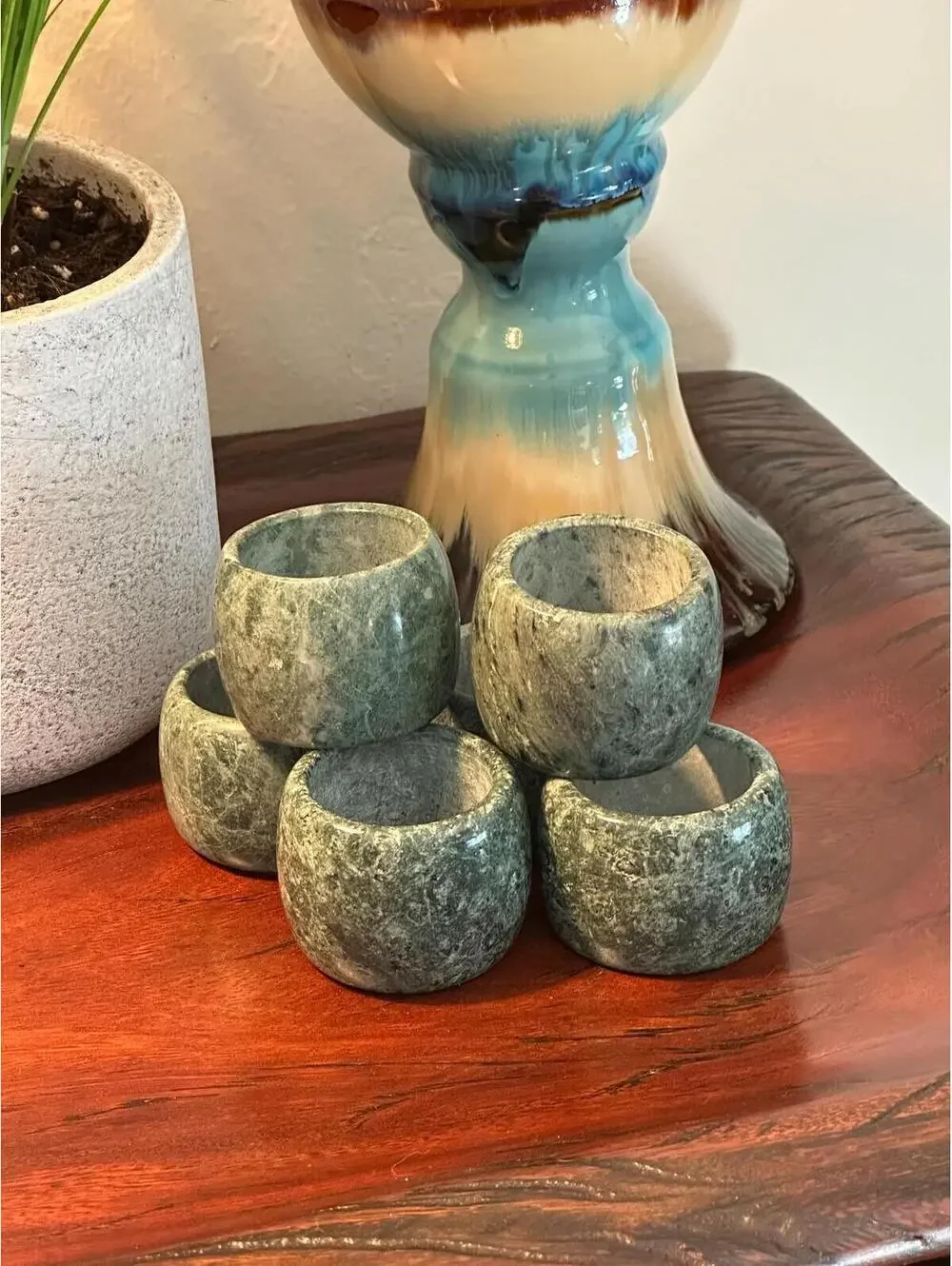 Set of 6 Vintage Agate Stone Napkin Rings - Polished Green Natural Marbled Decor